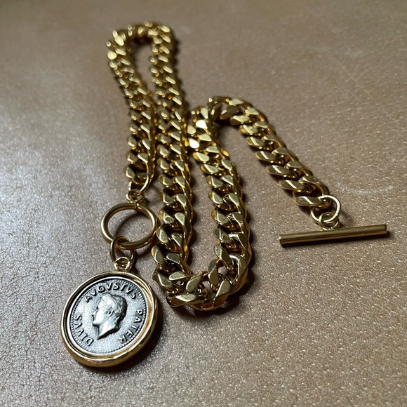 Gold silver plated Roman augustus coin gold plated curb chain toggle choker - Picture 5 of 8